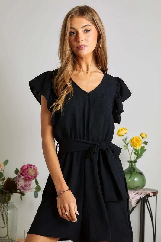 ADORA - Black Ruffle Sleeve Tie - Waist Romper
