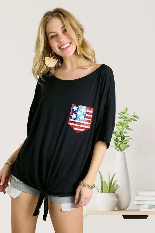 ADORA - Black Sequin Flag Pocket Tie - Hem Top