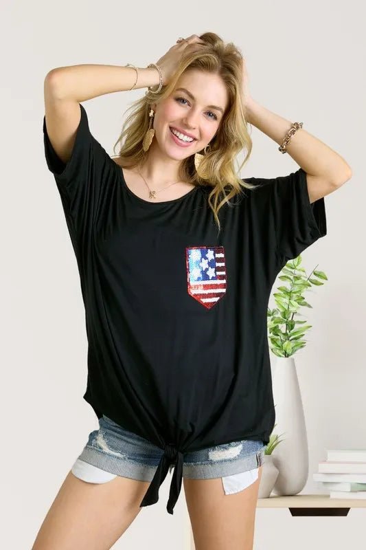 ADORA - Black Sequin Flag Pocket Tie - Hem Top