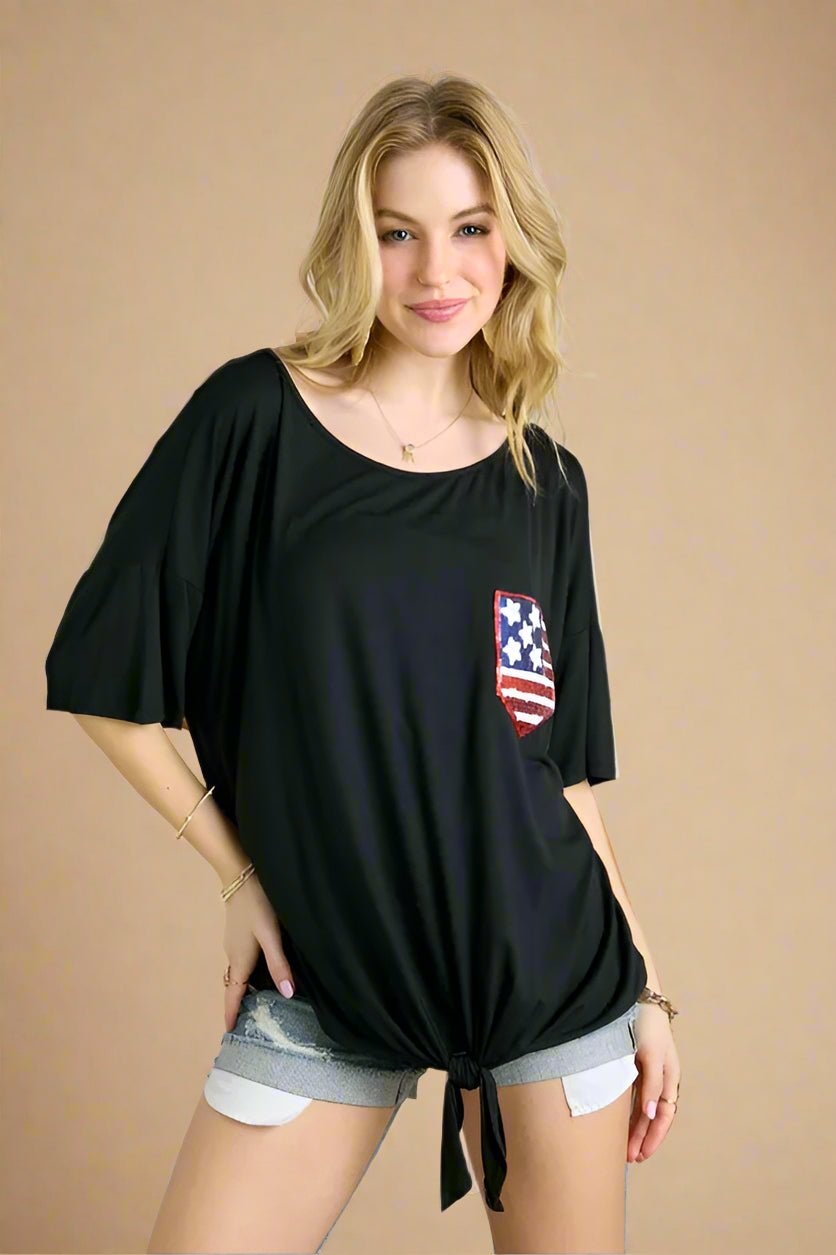 ADORA - Black Sequin Flag Pocket Tie - Hem Top