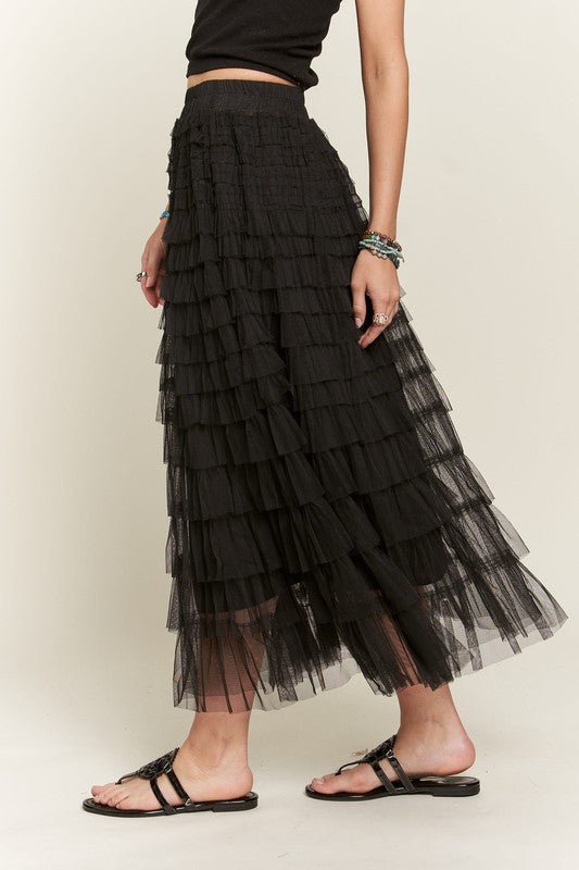 ADORA - Black Tulle Elastic Waist Midi Skirt