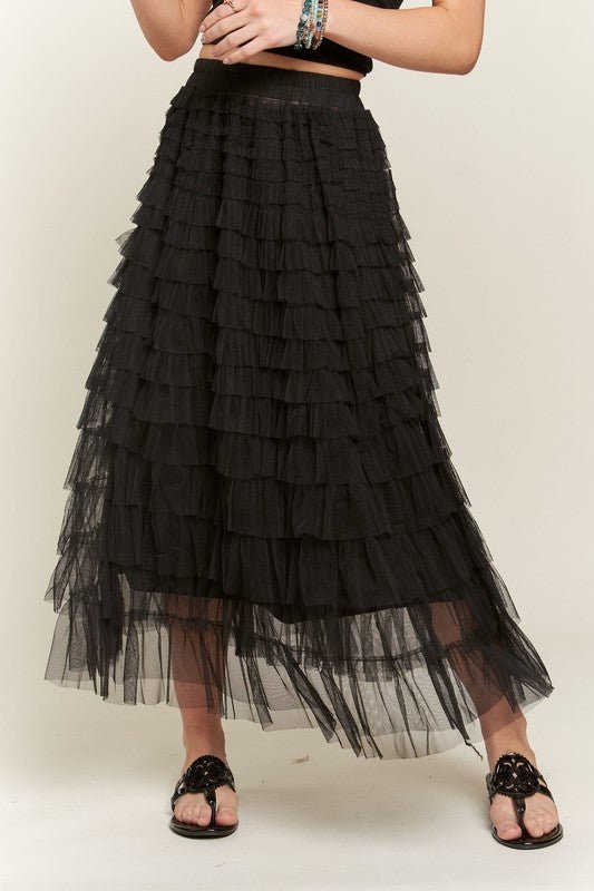 ADORA - Black Tulle Elastic Waist Midi Skirt