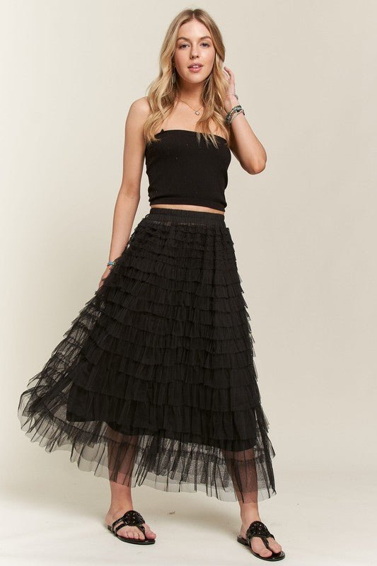 ADORA - Black Tulle Elastic Waist Midi Skirt