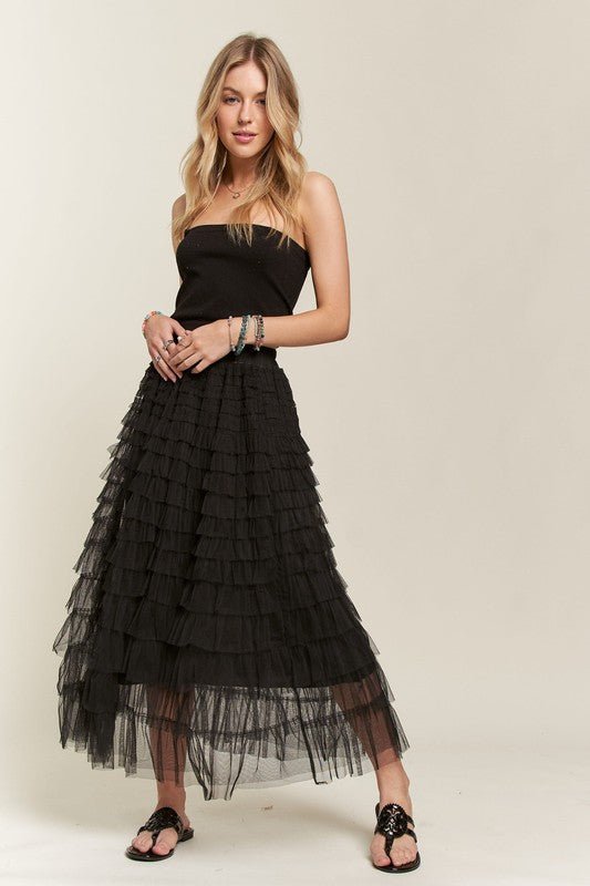 ADORA - Black Tulle Elastic Waist Midi Skirt