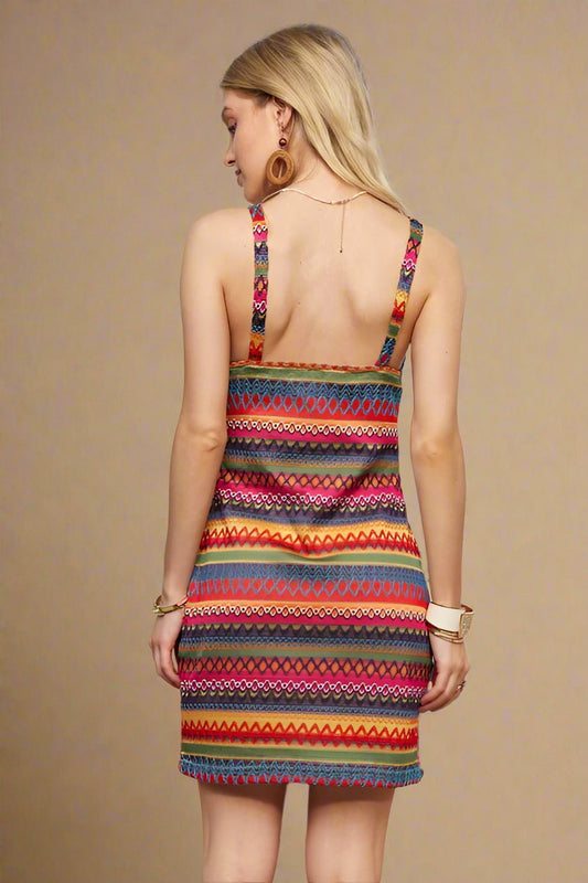 ADORA - Blue Multicolor Striped V - Neck Mini Dress