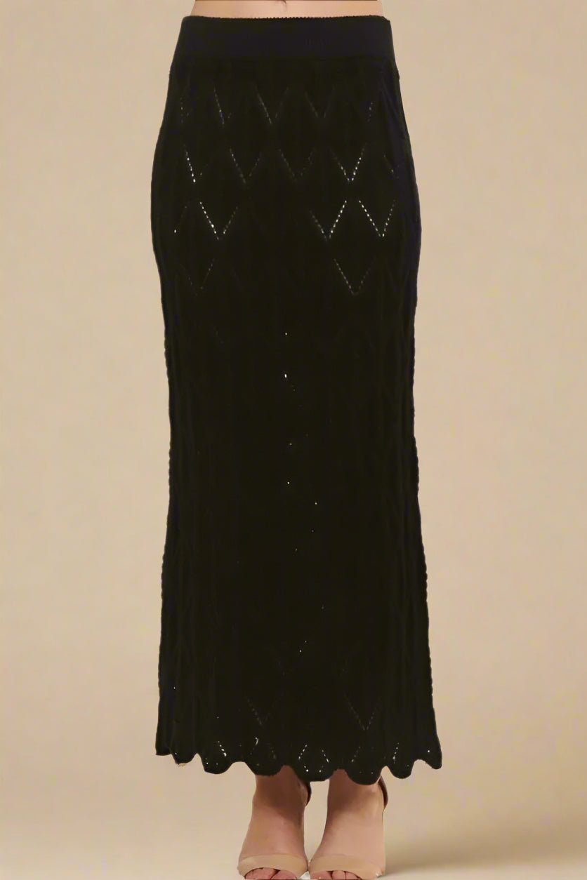 ADORA - Chevron Pointelle Knit Midi Skirt – Black