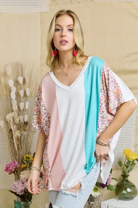 ADORA - Colorblock Leopard Floral V - Neck Tee – Pink & Aqua
