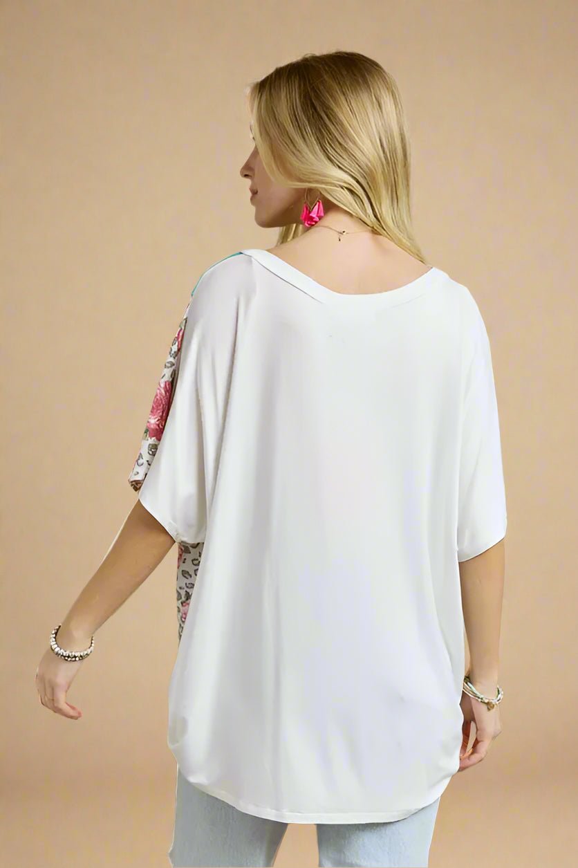 ADORA - Colorblock Leopard Floral V - Neck Tee – Pink & Aqua