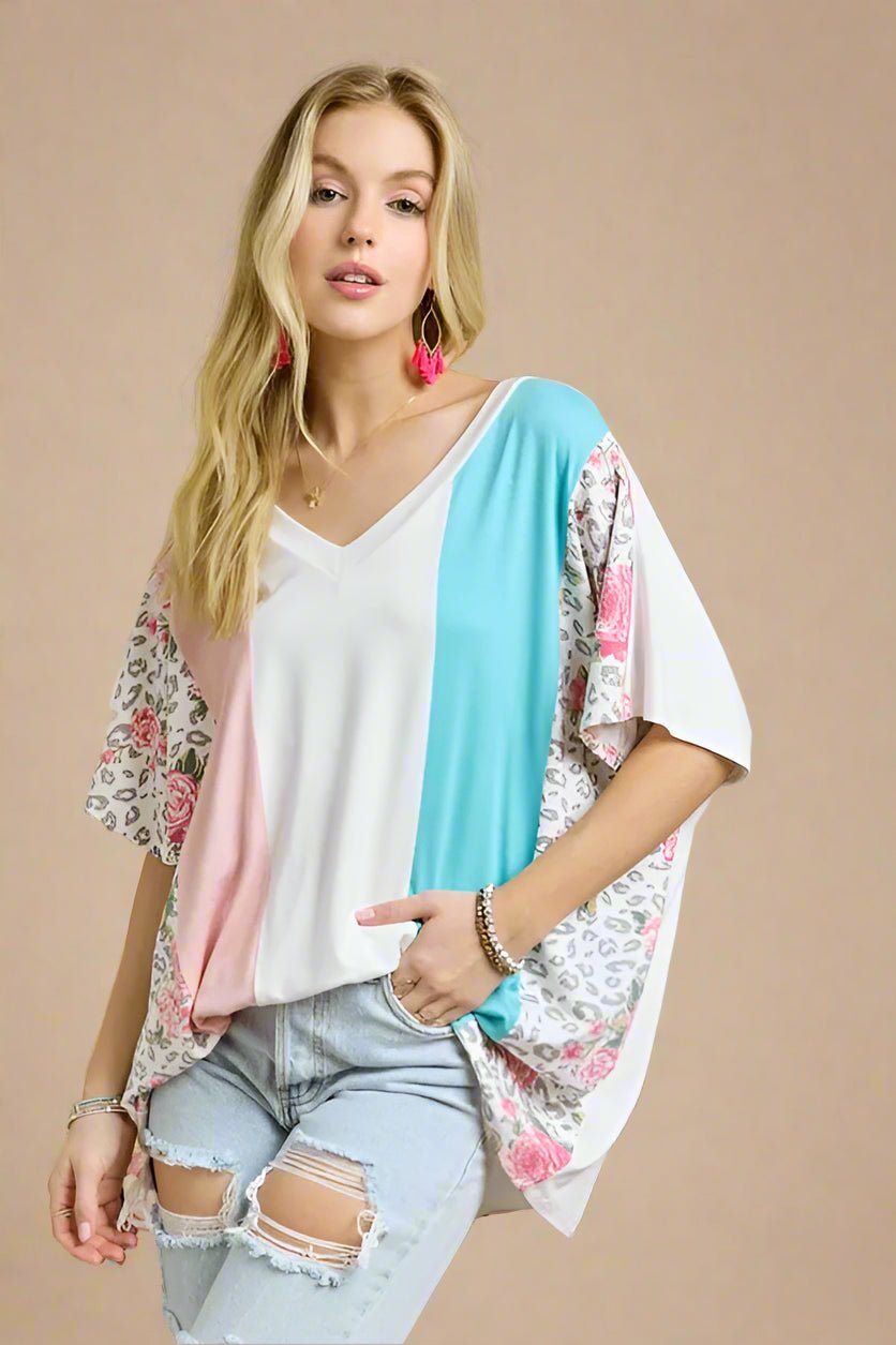 ADORA - Colorblock Leopard Floral V - Neck Tee – Pink & Aqua