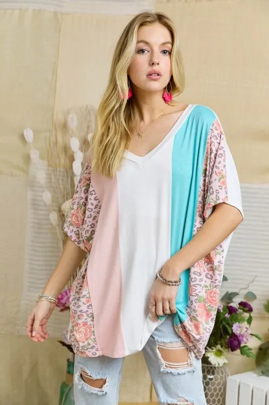 ADORA - Colorblock Leopard Floral V - Neck Tee – Pink & Aqua