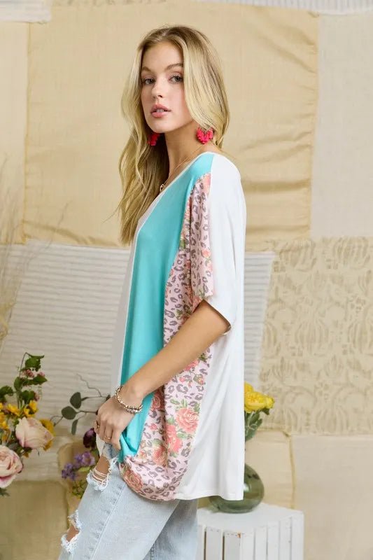 ADORA - Colorblock Leopard Floral V - Neck Tee – Pink & Aqua