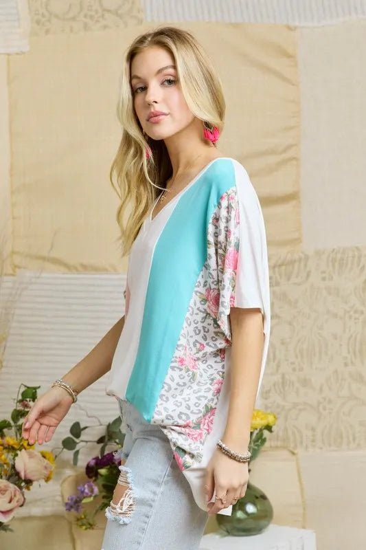 ADORA - Colorblock Leopard Floral V - Neck Tee – Pink & Aqua
