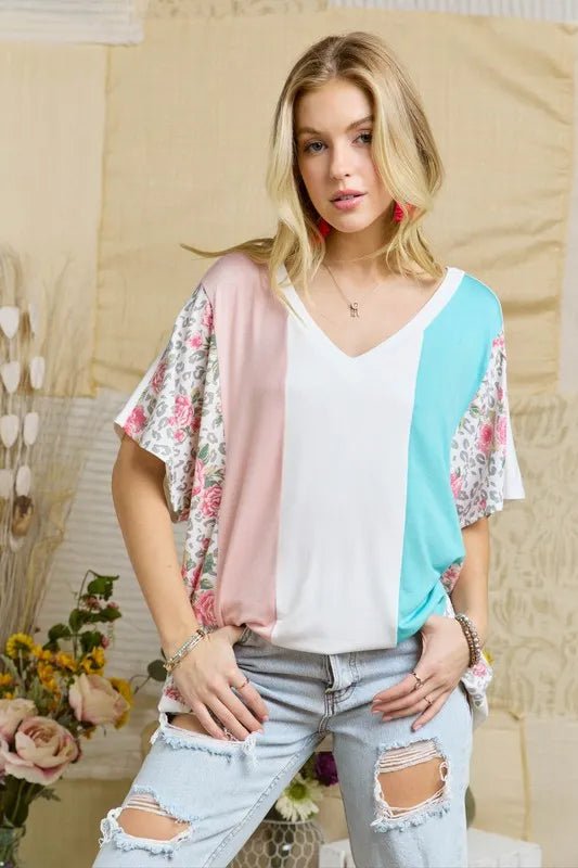 ADORA - Colorblock Leopard Floral V - Neck Tee – Pink & Aqua