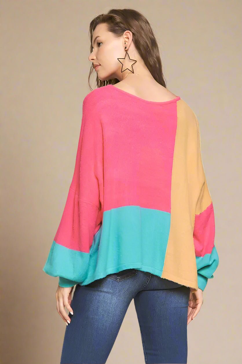 ADORA - Colorblock Slouchy Knit Sweater – Pink, Teal & Mustard