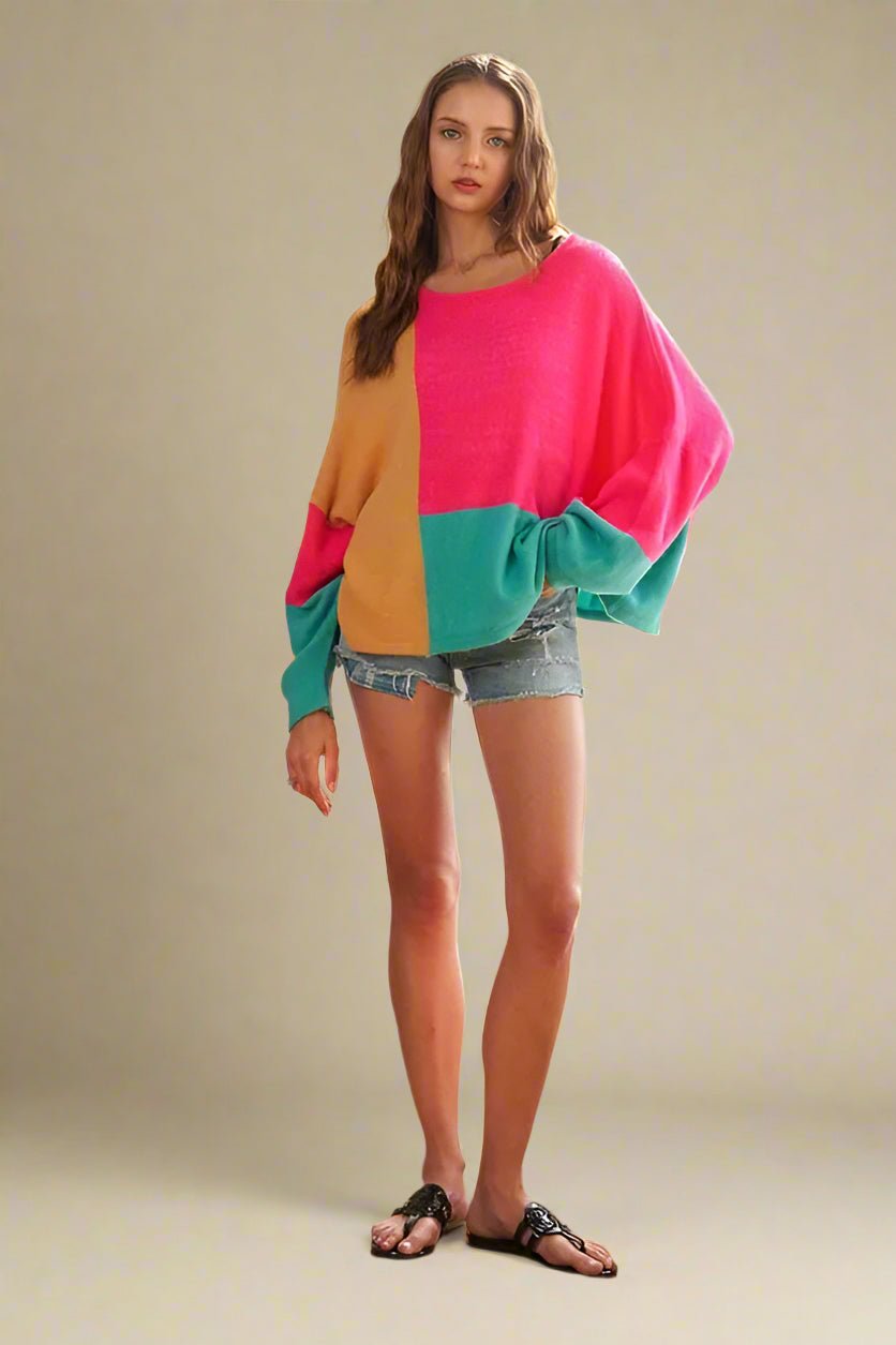 ADORA - Colorblock Slouchy Knit Sweater – Pink, Teal & Mustard