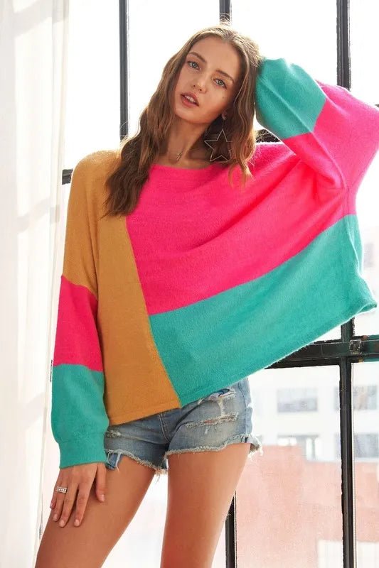 ADORA - Colorblock Slouchy Knit Sweater – Pink, Teal & Mustard