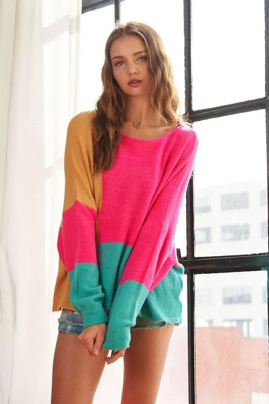 ADORA - Colorblock Slouchy Knit Sweater – Pink, Teal & Mustard