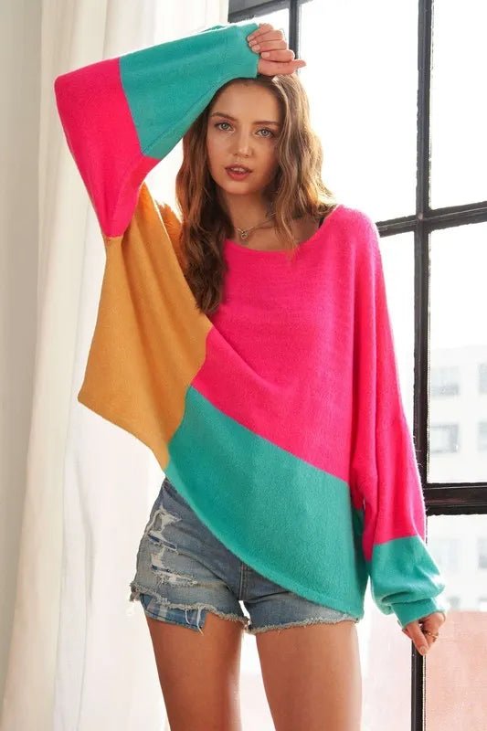 ADORA - Colorblock Slouchy Knit Sweater – Pink, Teal & Mustard