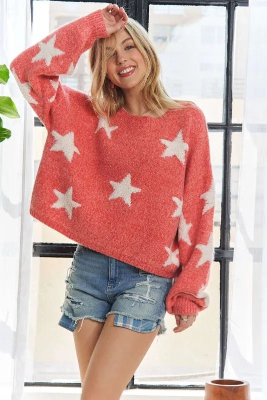 ADORA - Coral & Ivory Star Print Cozy Knit Sweater