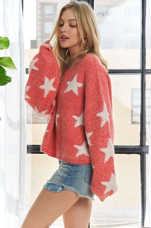 ADORA - Coral & Ivory Star Print Cozy Knit Sweater