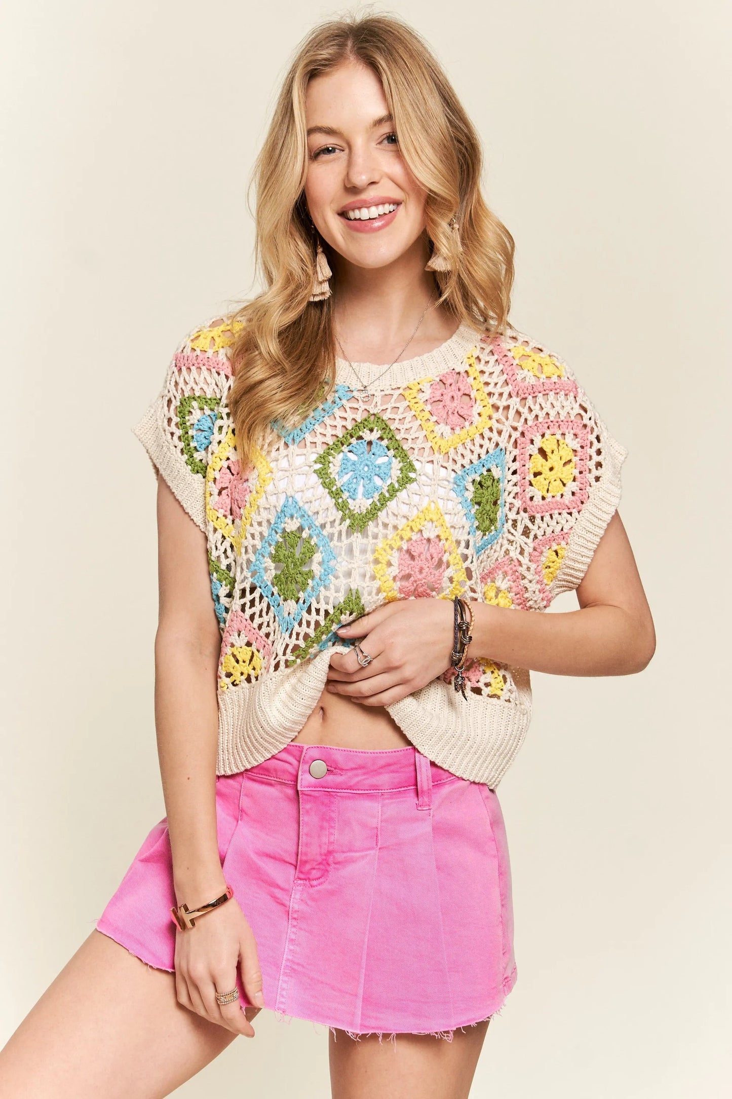 ADORA - Cream Multicolor Crochet Cap Sleeve Top