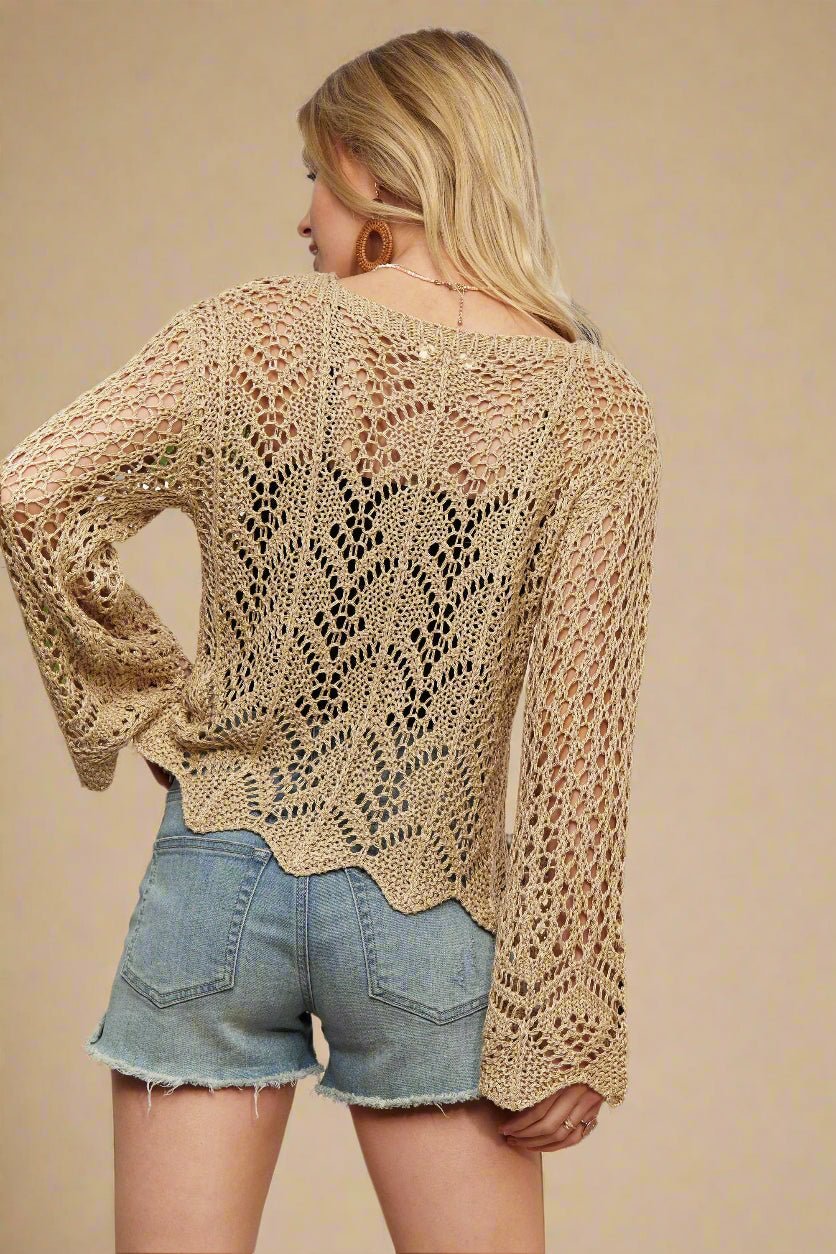 ADORA - Crochet Bell Sleeve Top in Natural Beige
