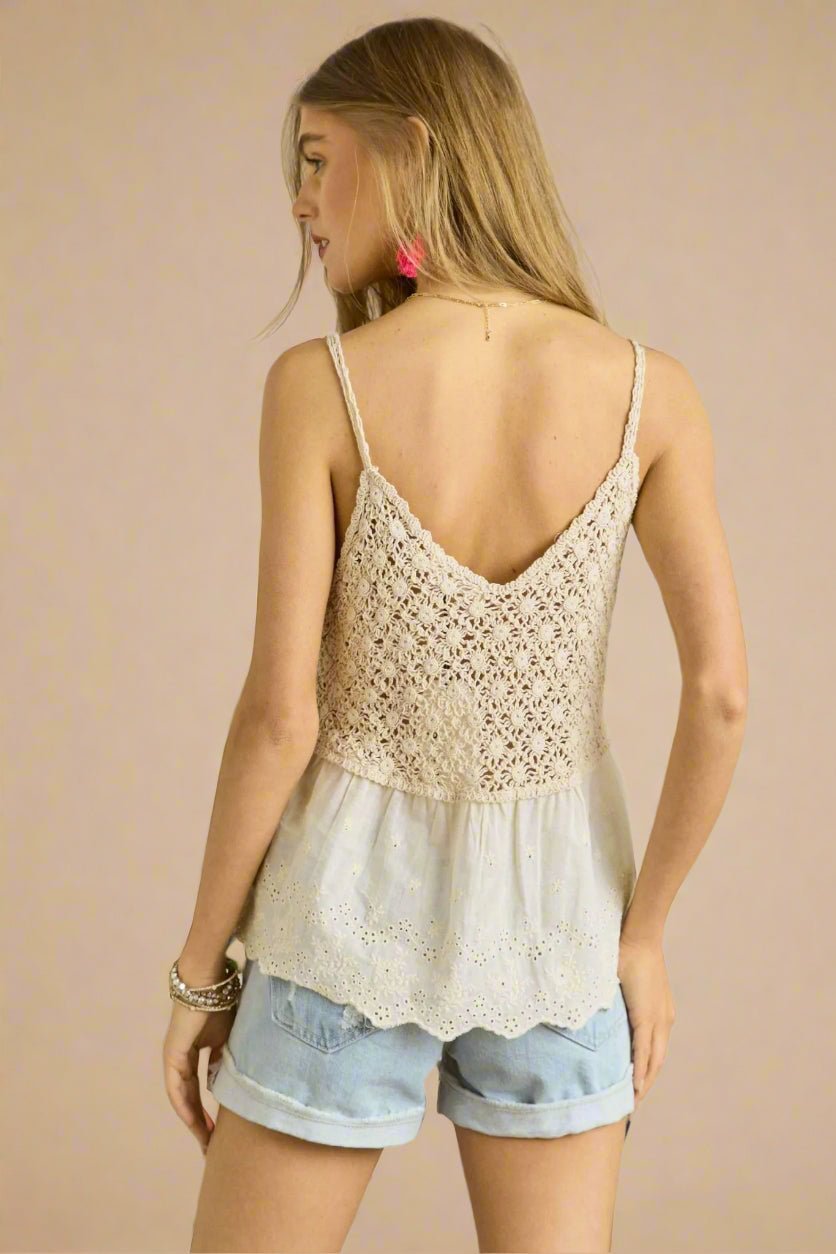 ADORA - Crochet Eyelet Peplum Tank in Beige
