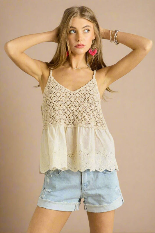 ADORA - Crochet Eyelet Peplum Tank in Beige