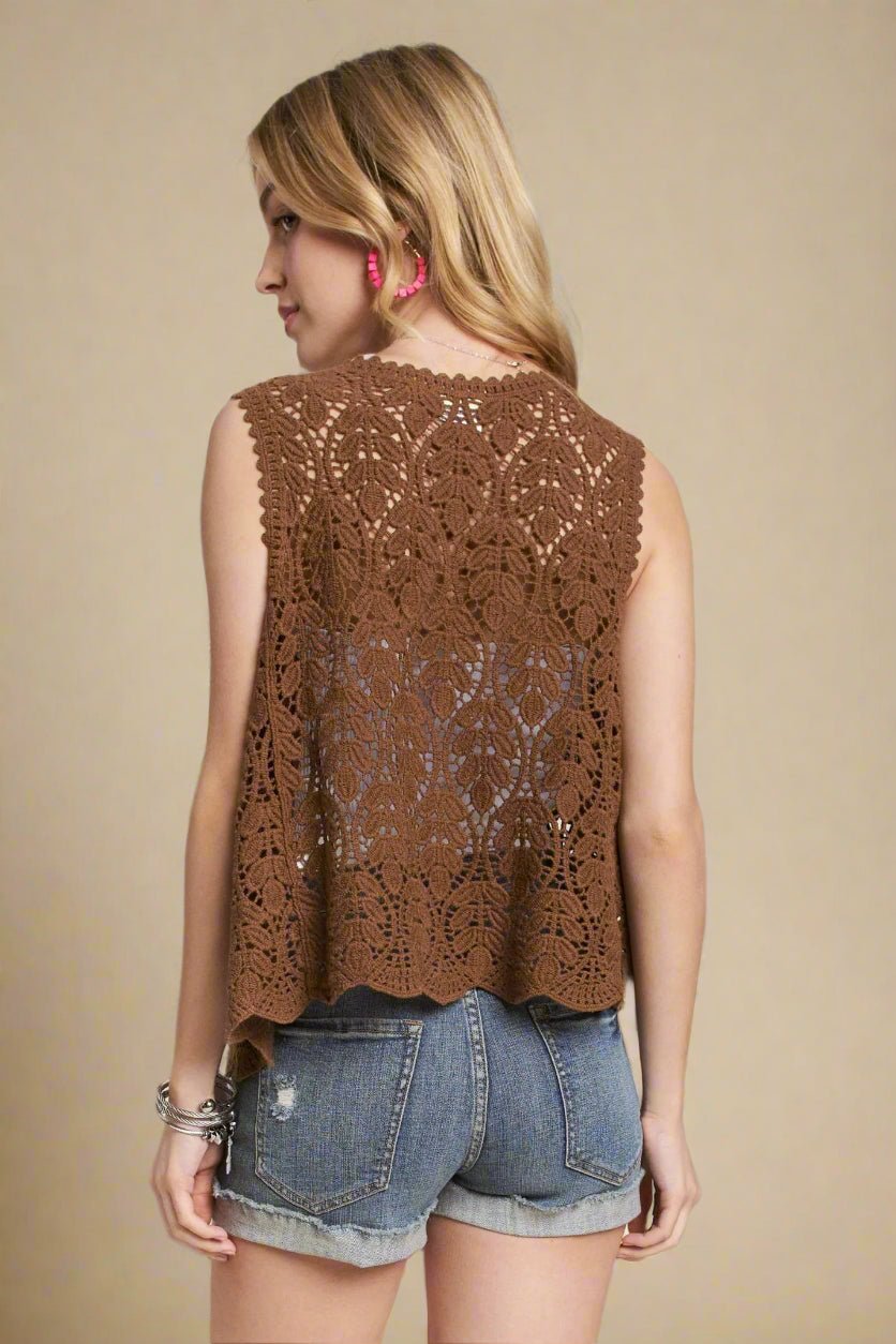 ADORA - Crochet Lace Sleeveless Cardigan in Cocoa Brown
