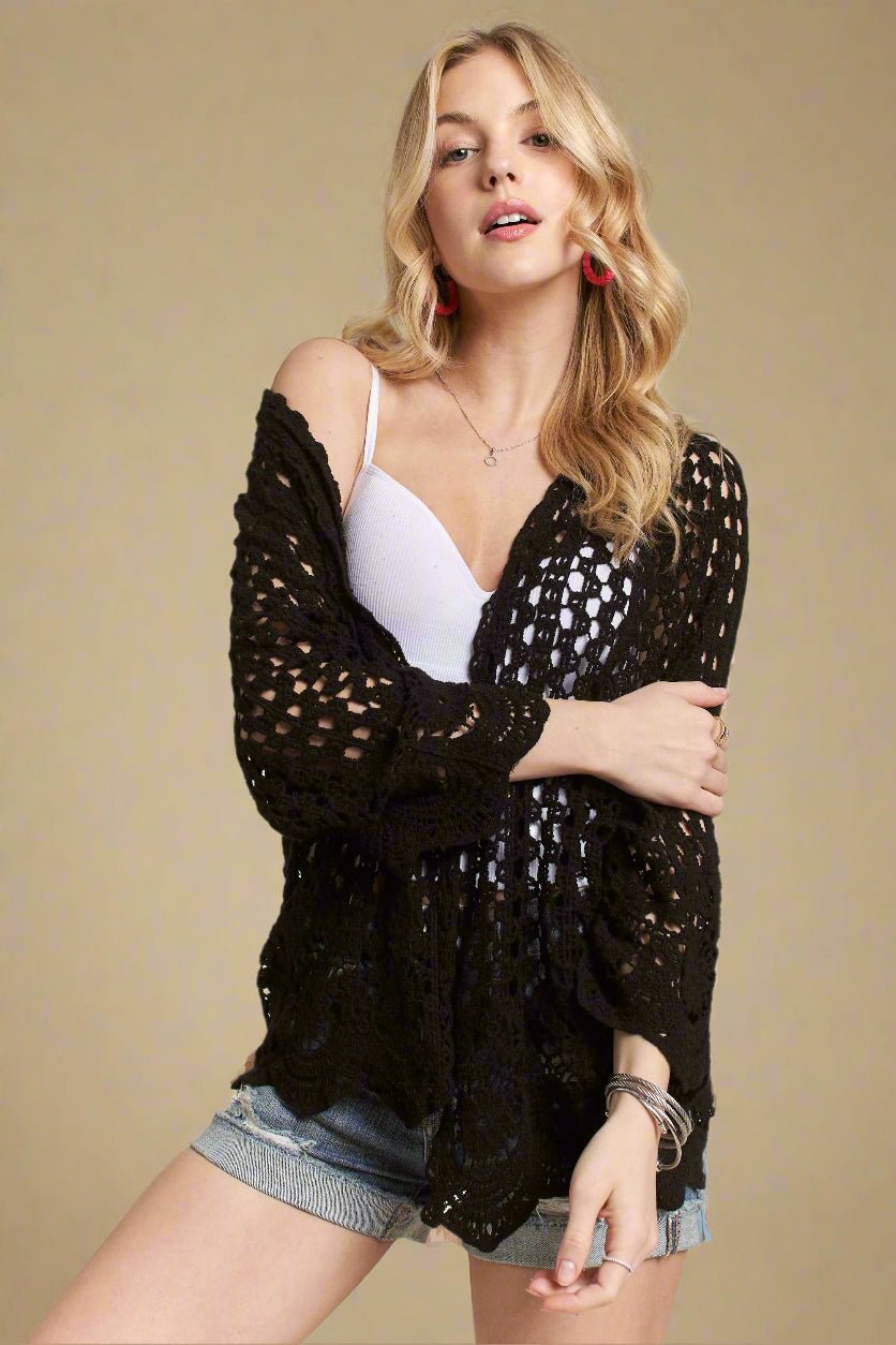 ADORA - Crochet Open Front Cardigan in Black