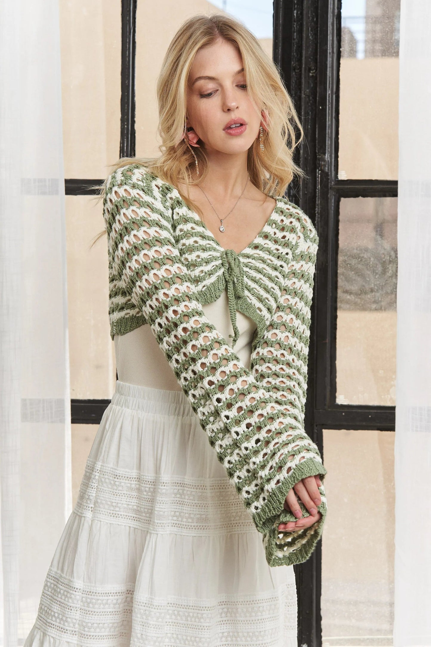 ADORA - Cropped Crochet Tie Front Shrug – Sage & Cream