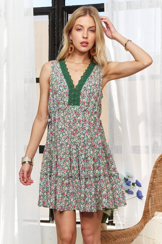 ADORA - Dark Green Floral Lace Detail Sleeveless Mini Dress