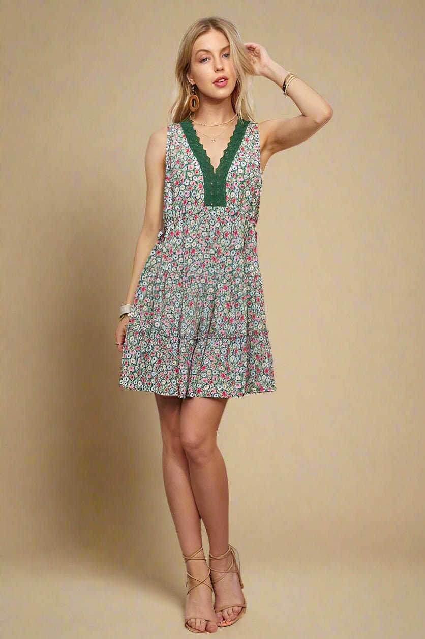 ADORA - Dark Green Floral Lace Detail Sleeveless Mini Dress