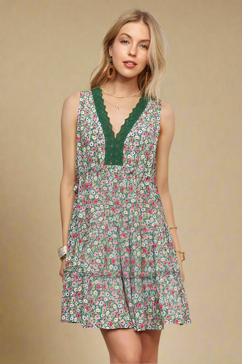 ADORA - Dark Green Floral Lace Detail Sleeveless Mini Dress