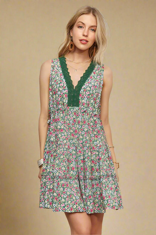 ADORA - Dark Green Floral Lace Detail Sleeveless Mini Dress