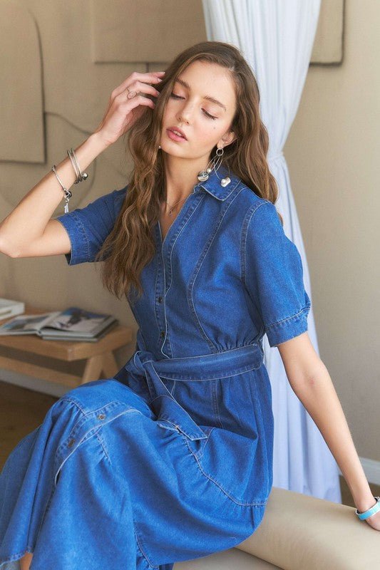 ADORA - Dark Wash Denim Tie Waist Midi Dress