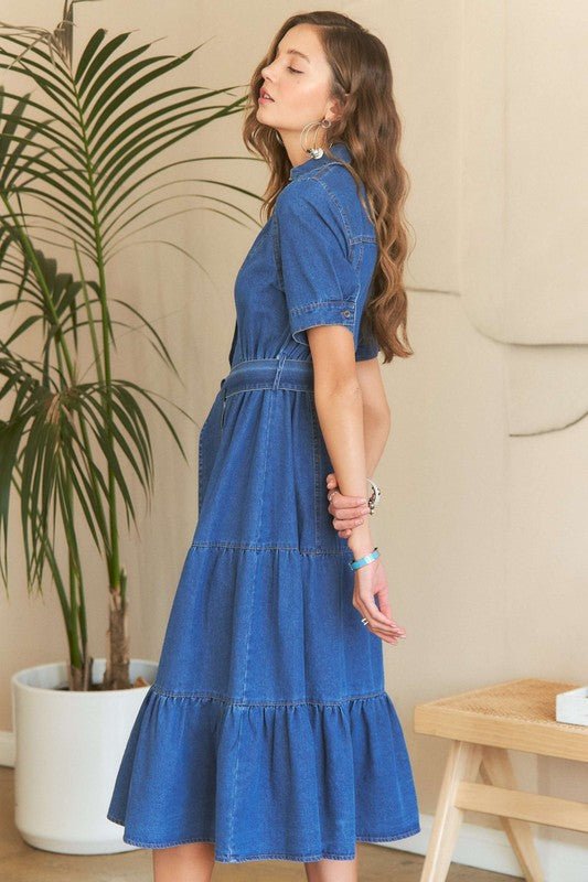 ADORA - Dark Wash Denim Tie Waist Midi Dress