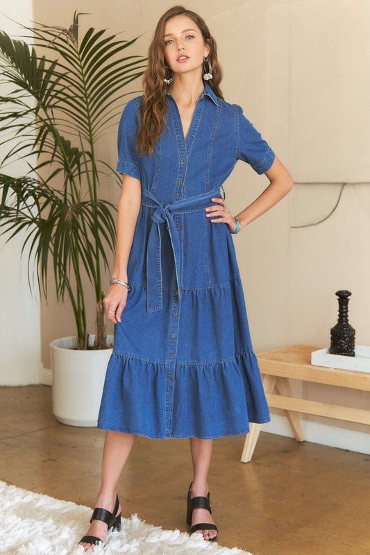 ADORA - Dark Wash Denim Tie Waist Midi Dress