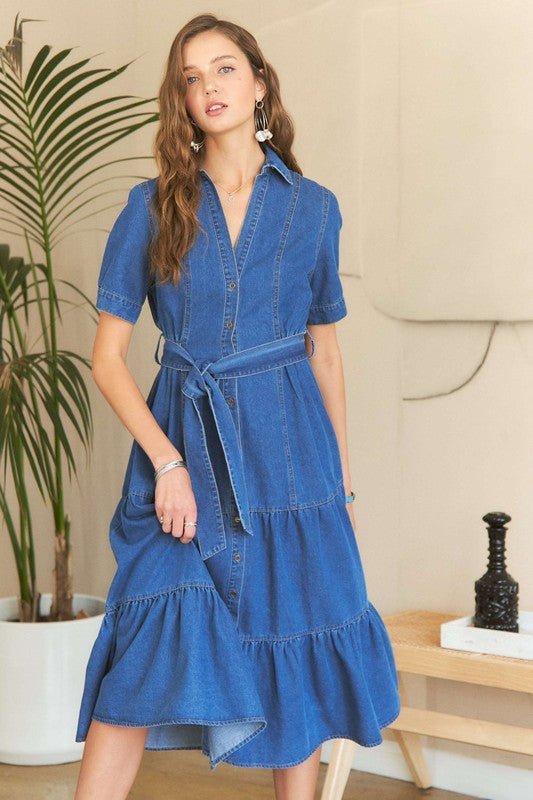 ADORA - Dark Wash Denim Tie Waist Midi Dress