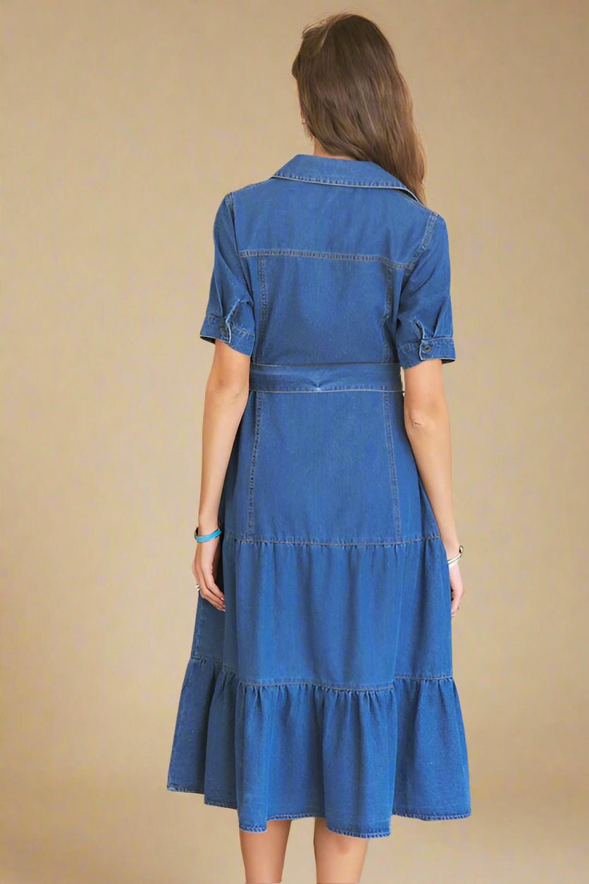 ADORA - Dark Wash Denim Tie Waist Midi Dress