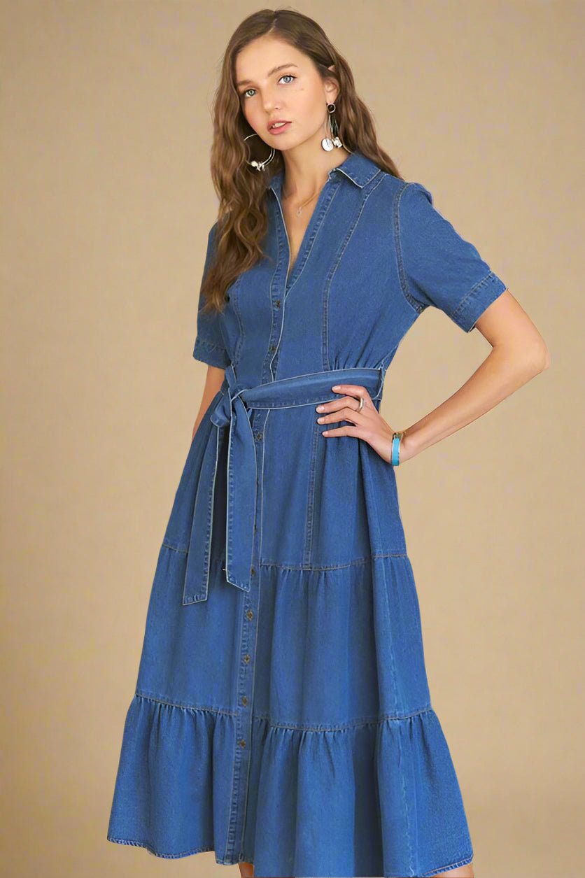 ADORA - Dark Wash Denim Tie Waist Midi Dress
