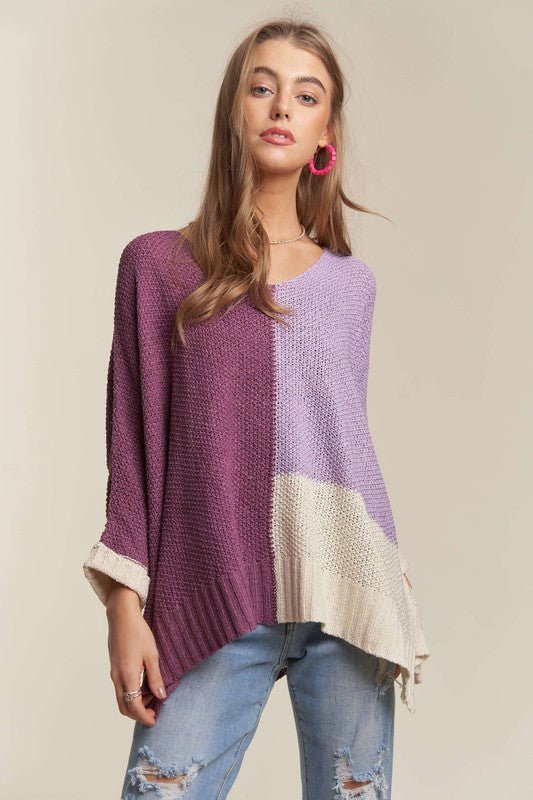 ADORA - Deep Purple Color Block Tunic Sweater