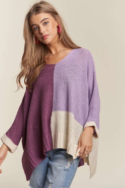 ADORA - Deep Purple Color Block Tunic Sweater