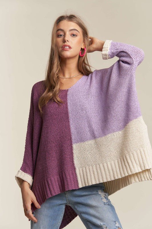 ADORA - Deep Purple Color Block Tunic Sweater