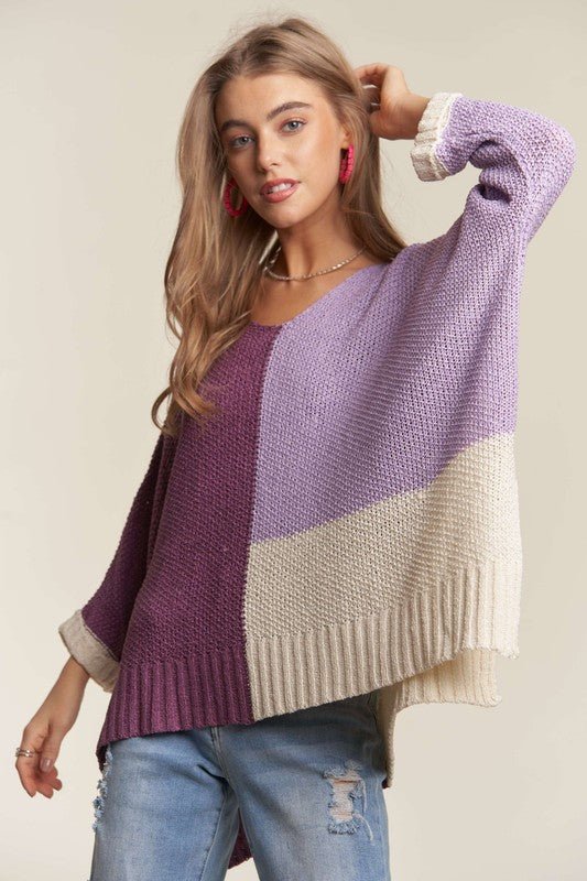 ADORA - Deep Purple Color Block Tunic Sweater