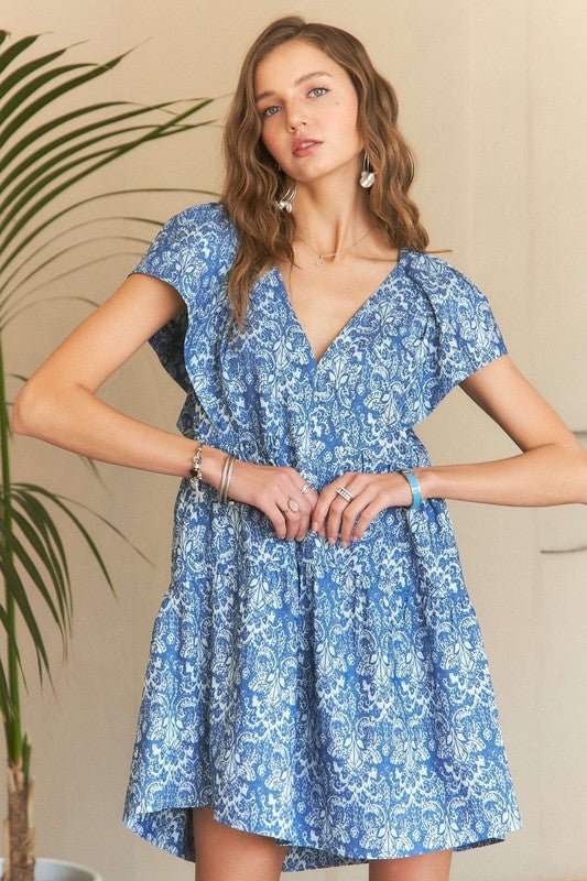 ADORA - Denim Blue Printed Ruffle Sleeve Mini Dress