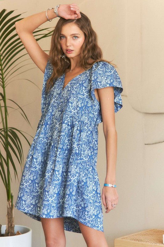 ADORA - Denim Blue Printed Ruffle Sleeve Mini Dress