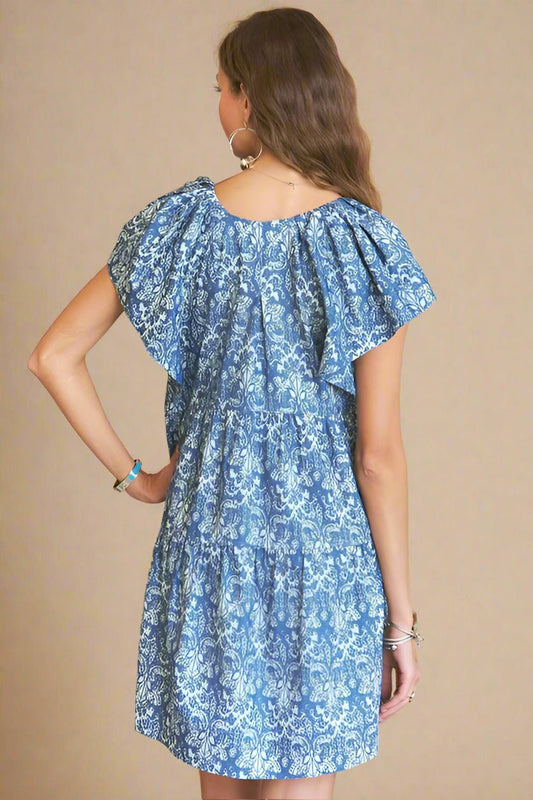 ADORA - Denim Blue Printed Ruffle Sleeve Mini Dress