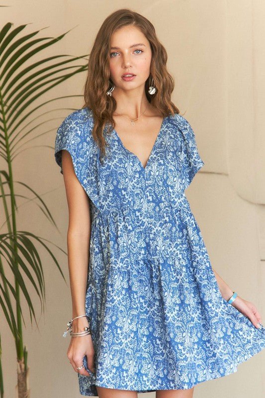 ADORA - Denim Blue Printed Ruffle Sleeve Mini Dress