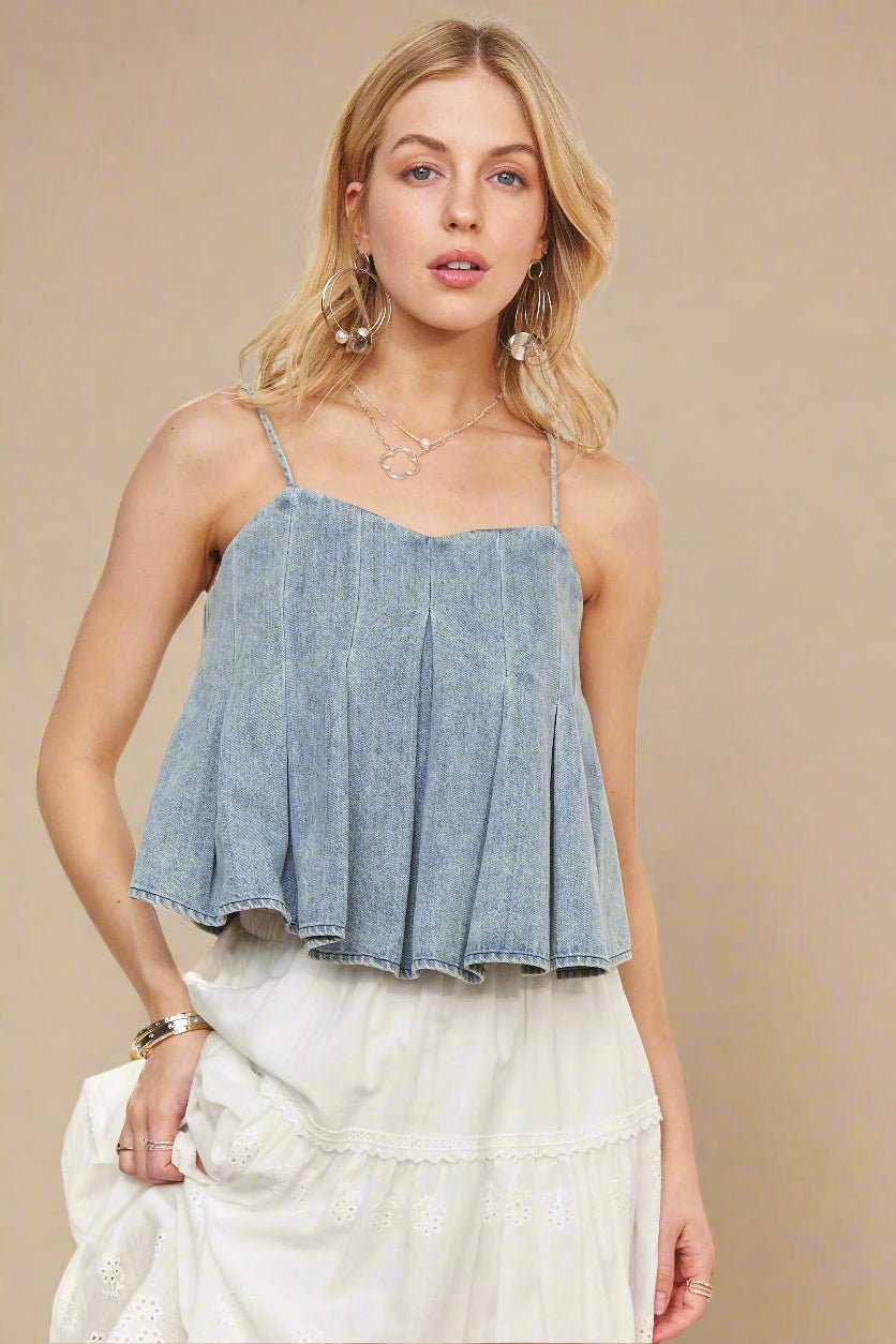 ADORA - Denim Pleated Babydoll Top in Light Wash